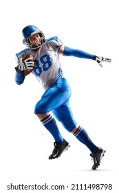 American football sportsman in action and motion. Sport. Running athlete. Isolated on white background