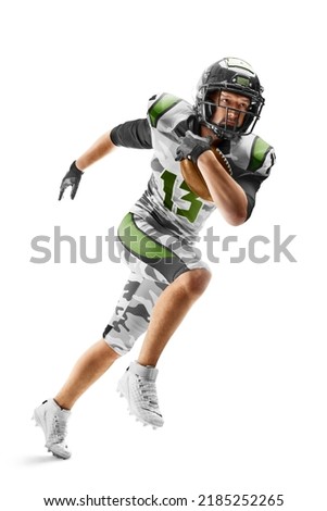 American football sportsman in action and motion. Sport. Running athlete. Isolated on white background. Sportsman in action