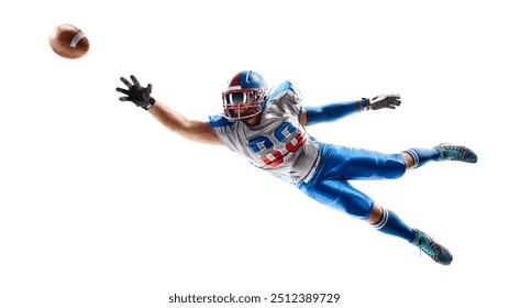 American football. Sportsman in action. Player catches the ball and flies in the air. Front view. Isolated on white background - Powered by Shutterstock