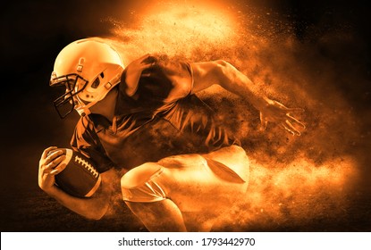 American football sportsman player with ball in action on stadium under lights of background. Sport, proud footballer in white helmet and red t-shirt ready to play. - Powered by Shutterstock