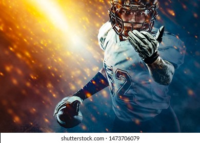 American Football Sportsman Player On Stadium Running In Action. Sport Wallpaper With Copyspace.