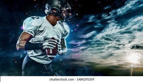 American Football Sportsman Player On Stadium Running In Action. Sport Wallpaper With Copyspace.