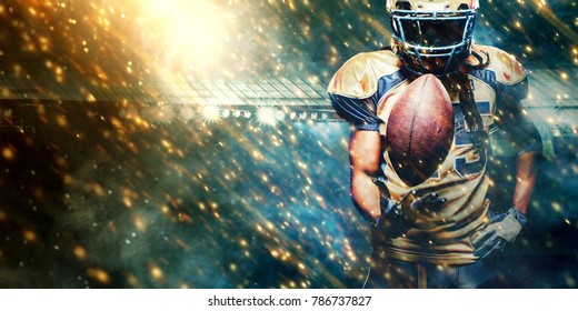 American Football Sportsman Player On Stadium Running In Action. Sport Wallpaper With Copyspace.