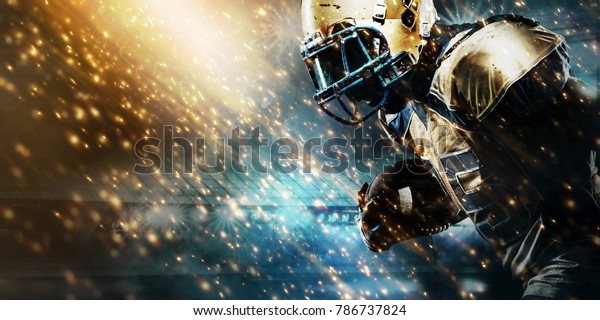 American football sportsman\
player on stadium running in action. Sport wallpaper with\
copyspace.