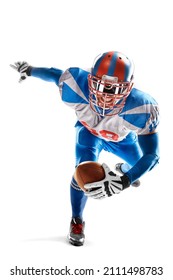 American football. Young agile american football player running fast towards goal line. Sports emotions. Sportsman in action