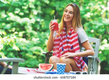 American Girl Hanging Out On The Fourth Of July In Her Backyard