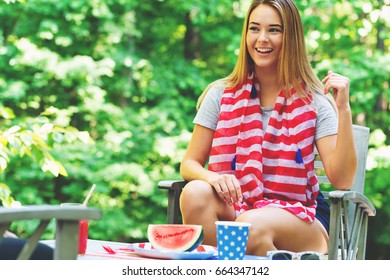 American Girl Hanging Out On The Fourth Of July In Her Backyard