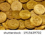 American gold coin treasure hoard of the rare USA double eagle 20 dollar bullion currency coinage used in the late 19th century as America money, stock photo image