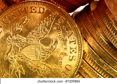 American Gold Coins On Dark Background