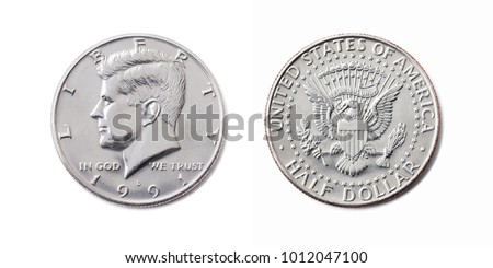 american half dollar coin, 50 c, USA 1/2 dollar, Fifty cent isolate on white background. John F Kennedy on silver coin realistic photo image
