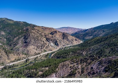 American Highway System Runs Through A Deep Canyon In The Sierra Nevada Mountains Of Northern California.