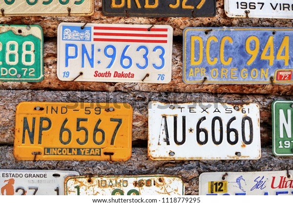 American Historical automobile
license plates. Museum Hole in the Rock, Utah, USA. June 27,
2018