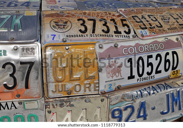 American Historical automobile\
license plates. Museum Hole in the Rock, Utah, USA. June 27,\
2018