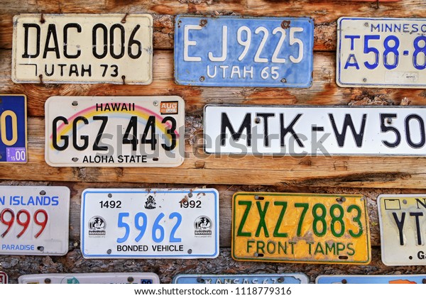 American Historical automobile\
license plates. Museum Hole in the Rock, Utah, USA. June 27,\
2018