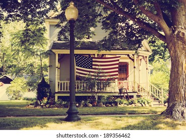 American Home With Us Flag For 4 Of July 