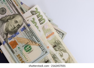 American hundred dollar bills close-up currency and Czech korunas CZK banknotes money