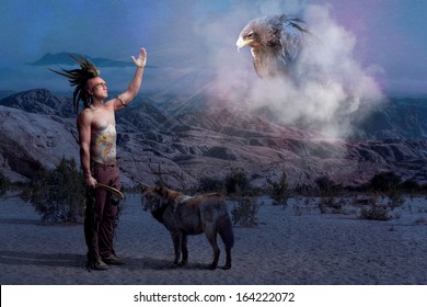 American Indian legend with warrior, wolf and eagle