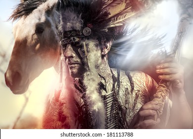 American Indian warrior, chief of the tribe. man with feather headdress and tomahawk, horse