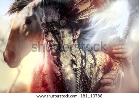 American Indian warrior, chief of the tribe. man with feather headdress and tomahawk, horse