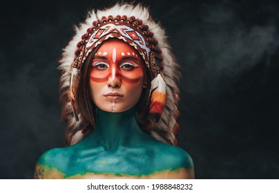 American Indian Woman With Headdress And Makeup