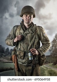 American infantry officer of the Second World War on background of field