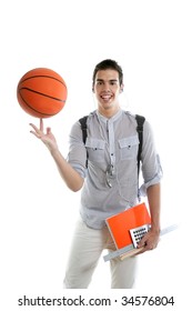 American look student boy with basket ball and notebook isolated on white