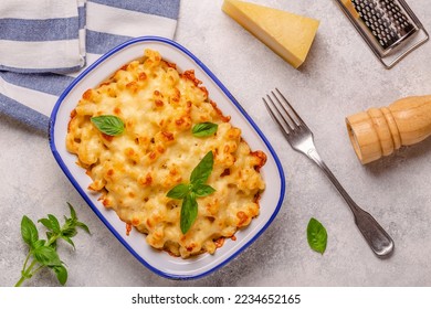 American mac and cheese, macaroni pasta in cheesy sauce. Top view. - Shutterstock ID 2234652165