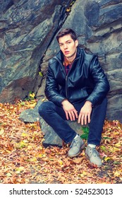 American Man Autumn/winter Casual Street Fashion. Young Handsome Man Wearing Black Leather Jacket, Pants, Gray Leather Shoes, Sits On Rocks With Fallen Leaves On Ground In Central Park, New York.