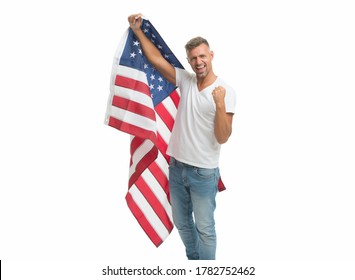 American Mature Man With USA Flag Celebrate National Holiday, American Dream Concept.