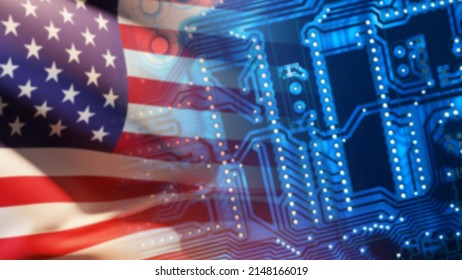 American microelectronics. USA national flag and PCB. Electronic printed circuit board and american flag. Radioelectronics in USA. Modern technology. Electronic chips manufacturing. 