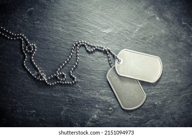 American Military Dog Tags. Rough And Worn With Blank Space For Text. Memorial Day Or Veterans Day Concept.