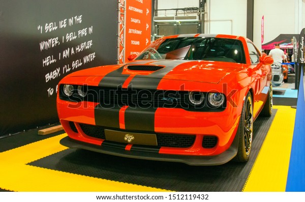 American modern muscle\
car Dodge Challenger SRT Demon at Royal Auto Show. 27 July 2019.\
St. Petersburg,\
Russia.