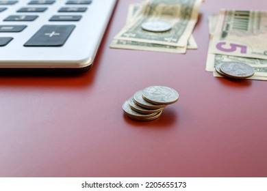 American Money , Coins And Banknotes , With Calculator  