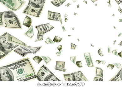 American Money. Money Falling. Dollar Sign. Cash Background, Us Bill. 