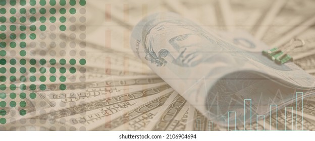 American Money Surrounding A Hundred Reais Banknote From Brazil, Stock Exchange Image With Money Texture And Lines Indicating Rise And Fall