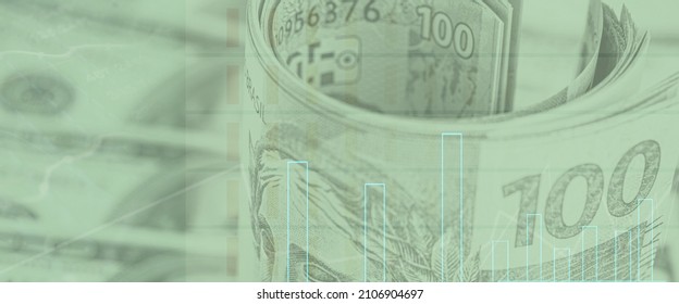 American Money Surrounding A Hundred Reais Banknote From Brazil, Stock Exchange Image With Money Texture And Lines Indicating Rise And Fall