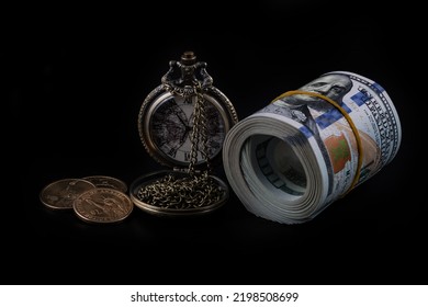 American Money And Vintage Pocket Watch On Black Background