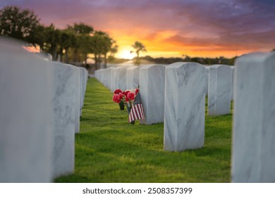 American national military cemetery with rows of white tomb stones with flowers and USA flags on green grass lawn. Memorial Day concept - Powered by Shutterstock