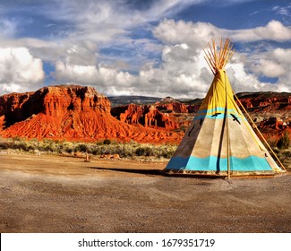 American Native Indian tents in desert landscape.  Utah, USA. 