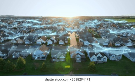 American neighborhood with infrastructure network internet connections above houses. Aerial at golden hour. 3D graphic of technology