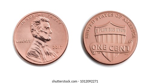 american one cent, USA 1 c, bronze coin both sides isolate on white background. Abraham Lincoln on copper coin realistic photo image - 
