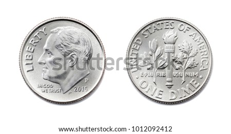 american One dime, USA ten cent, 10 c coin isolate on white background. President Franklin D. Roosevelt on silver dollar coin realistic photo image - both sides