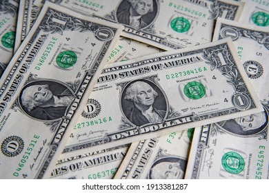 American One Dollar Banknotes Wallpaper. Close Up Of Money. Wealth Concept, Free Trade, Business Concept Background.