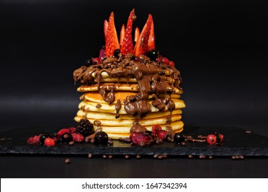 American Pancakes With Nutella And Strawberry Crown 