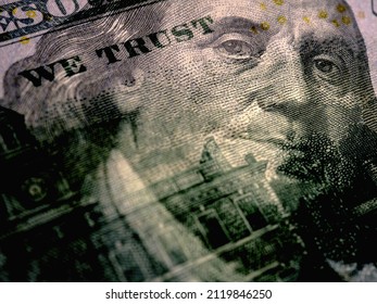 American Paper Money. A 100 Dollar Bill With A Portrait Of Benjamin Franklin In Focus. US Banknotes Close-up. Federal Government Debt And USA Dollar. Bonds And Treasurys. Macro