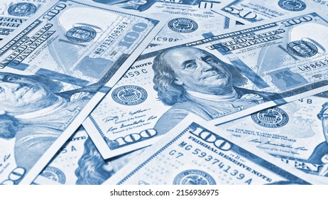 American Paper Money. 100 Dollar And Other US Notes. Light Blue Tinted Wallpaper Or Background. Savings Economy And The USA Dollar. National Debt And Treasury