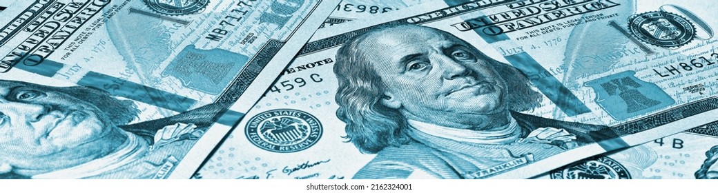 American Paper Money. 100 Dollar And Other US Notes. Blue Tinted Banner Or Header. Savings Economy And USA Dollar. National Debt And Treasury