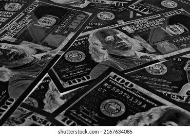 American Paper Money. 100 Dollar And Other US Bills. Black And White Background Or Wallpaper. Savings Economy And The USA Dollar. Dark Inverted Photos. National Debt And Treasury