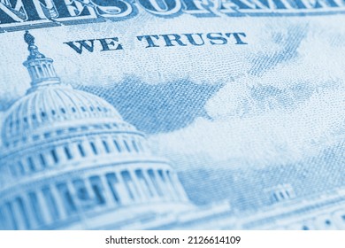 American Paper Money Background. Fragment Of Reverse Of $50 Bill Showing The Capitol. US Banknote Closeup. Blue Tinted Wallpaper. Public National Debt And The USA Dollar. Bonds And Treasurys. Macro