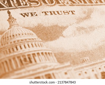 American Paper Money Background. Fragment Of Reverse Of $50 Bill Showing The Capitol. US Banknote Closeup. Light Brown Tinted Wallpaper. Public National Debt And USA Dollar. Bonds And Treasuries